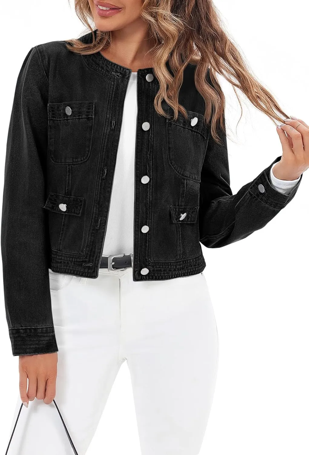 Cicy Bell Womens Cropped Denim Jackets Shirts Dressy Casual Shackets Collarless Button Down Long Sleeve Jean Coats