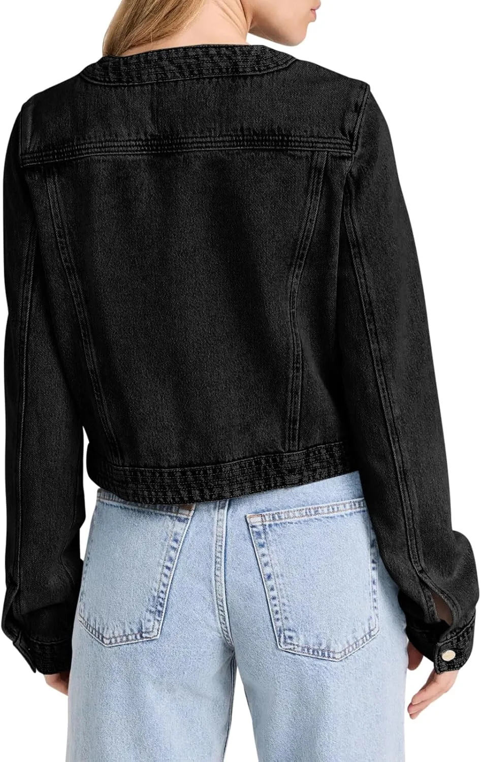 Cicy Bell Womens Cropped Denim Jackets Shirts Dressy Casual Shackets Collarless Button Down Long Sleeve Jean Coats