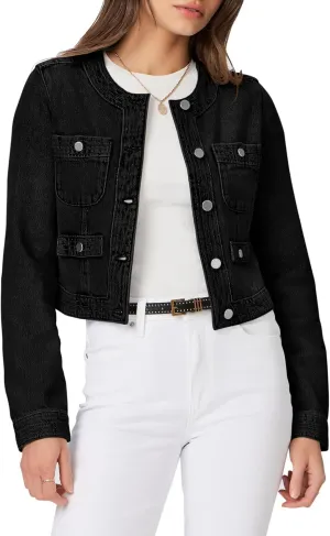 Cicy Bell Womens Cropped Denim Jackets Shirts Dressy Casual Shackets Collarless Button Down Long Sleeve Jean Coats
