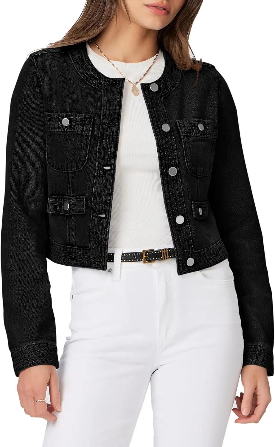 Cicy Bell Womens Cropped Denim Jackets Shirts Dressy Casual Shackets Collarless Button Down Long Sleeve Jean Coats