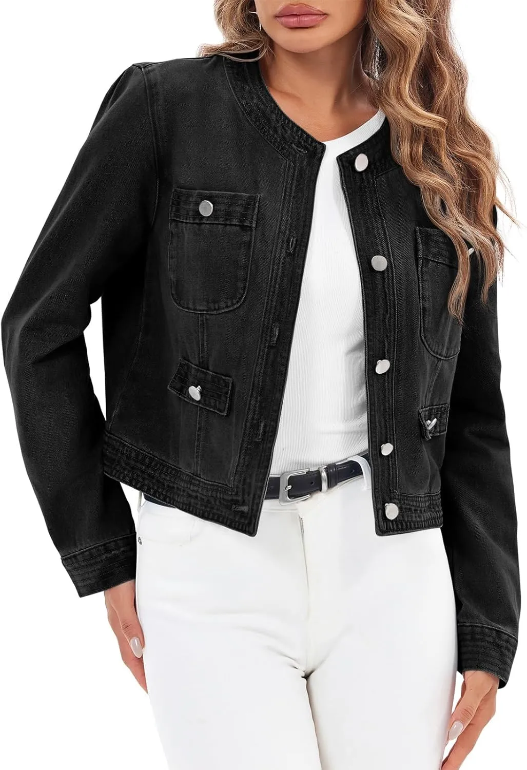 Cicy Bell Womens Cropped Denim Jackets Shirts Dressy Casual Shackets Collarless Button Down Long Sleeve Jean Coats