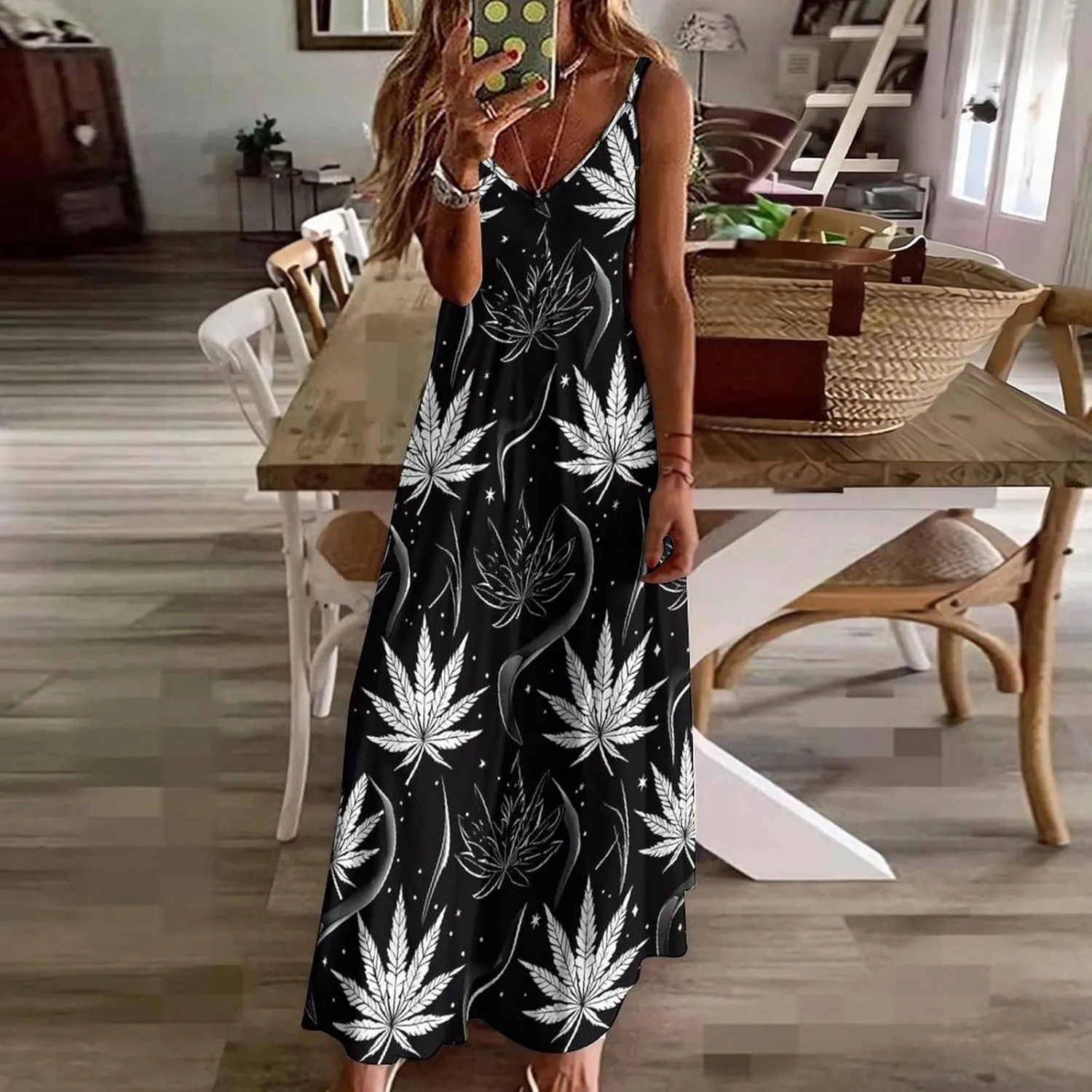Colorful Marijuana Weed Leaf Suspender Dresses Women Ankle Length Summer Dress Sexy Maxi Skirts Sleeveless Casual