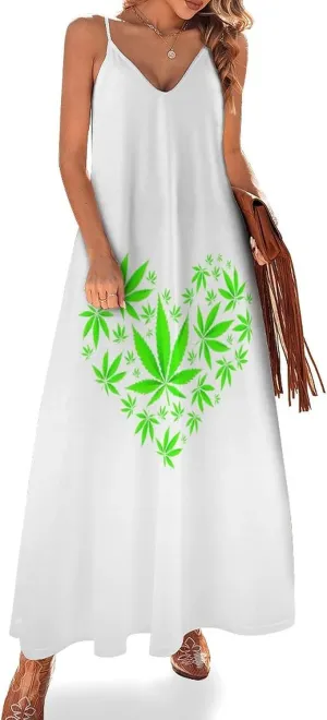 Colorful Marijuana Weed Leaf Suspender Dresses Women Ankle Length Summer Dress Sexy Maxi Skirts Sleeveless Casual