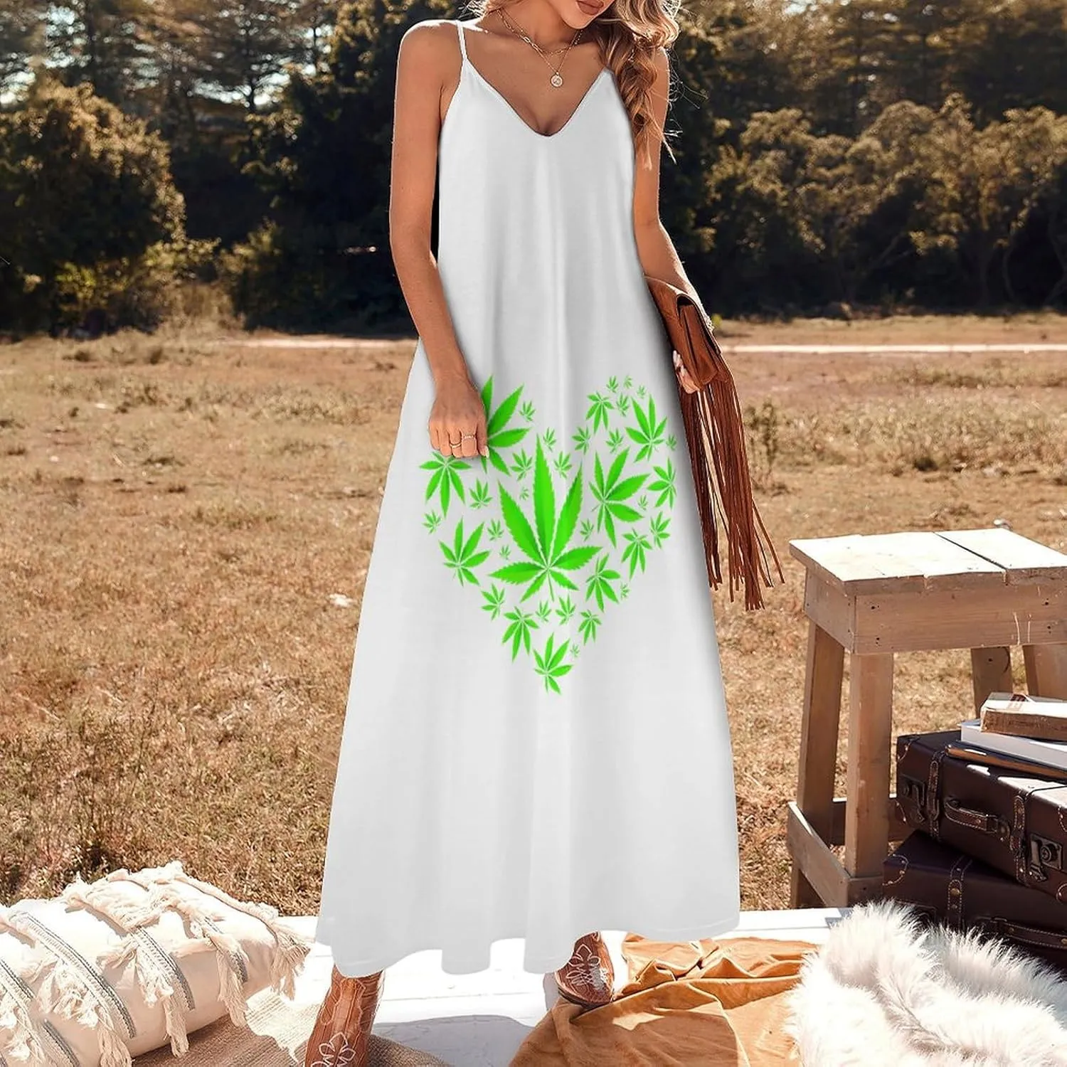 Colorful Marijuana Weed Leaf Suspender Dresses Women Ankle Length Summer Dress Sexy Maxi Skirts Sleeveless Casual