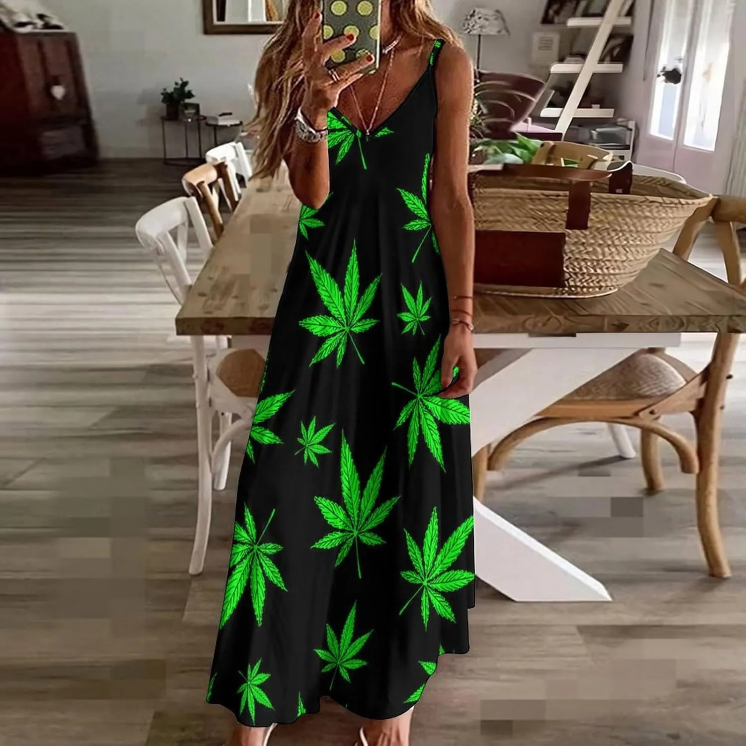 Colorful Marijuana Weed Leaf Suspender Dresses Women Ankle Length Summer Dress Sexy Maxi Skirts Sleeveless Casual