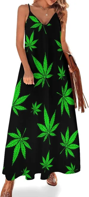 Colorful Marijuana Weed Leaf Suspender Dresses Women Ankle Length Summer Dress Sexy Maxi Skirts Sleeveless Casual
