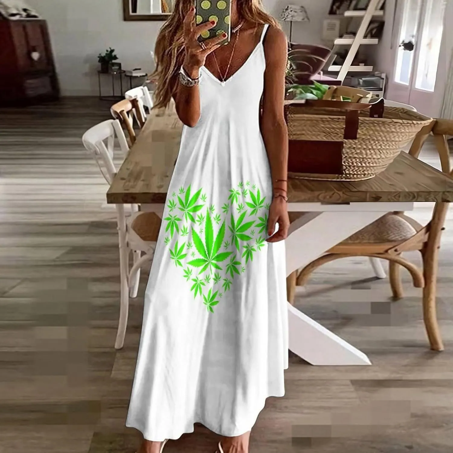 Colorful Marijuana Weed Leaf Suspender Dresses Women Ankle Length Summer Dress Sexy Maxi Skirts Sleeveless Casual