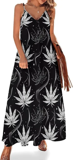 Colorful Marijuana Weed Leaf Suspender Dresses Women Ankle Length Summer Dress Sexy Maxi Skirts Sleeveless Casual