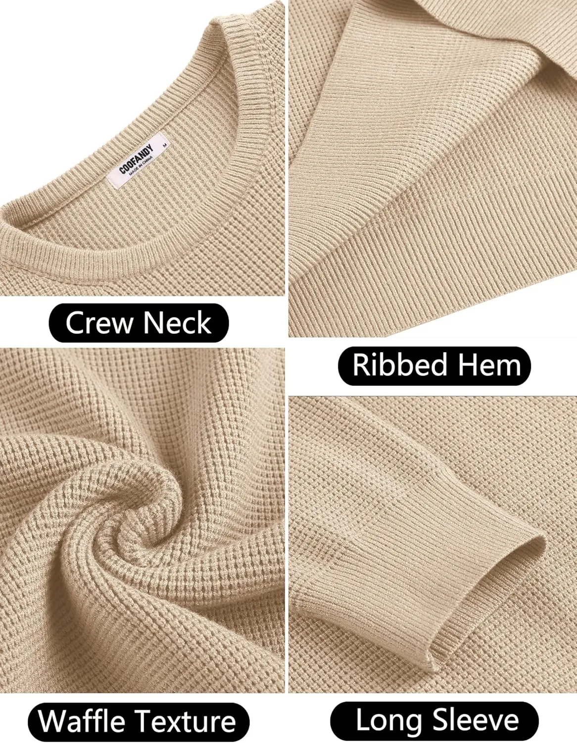 COOFANDY Men's Crewneck Sweater Waffle Textured Pullover Sweaters Soft Midweight Knitted Sweaters