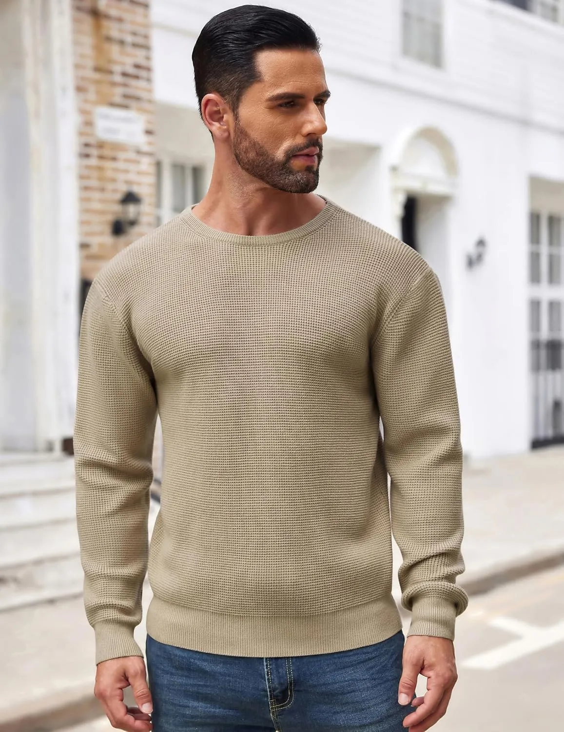 COOFANDY Men's Crewneck Sweater Waffle Textured Pullover Sweaters Soft Midweight Knitted Sweaters