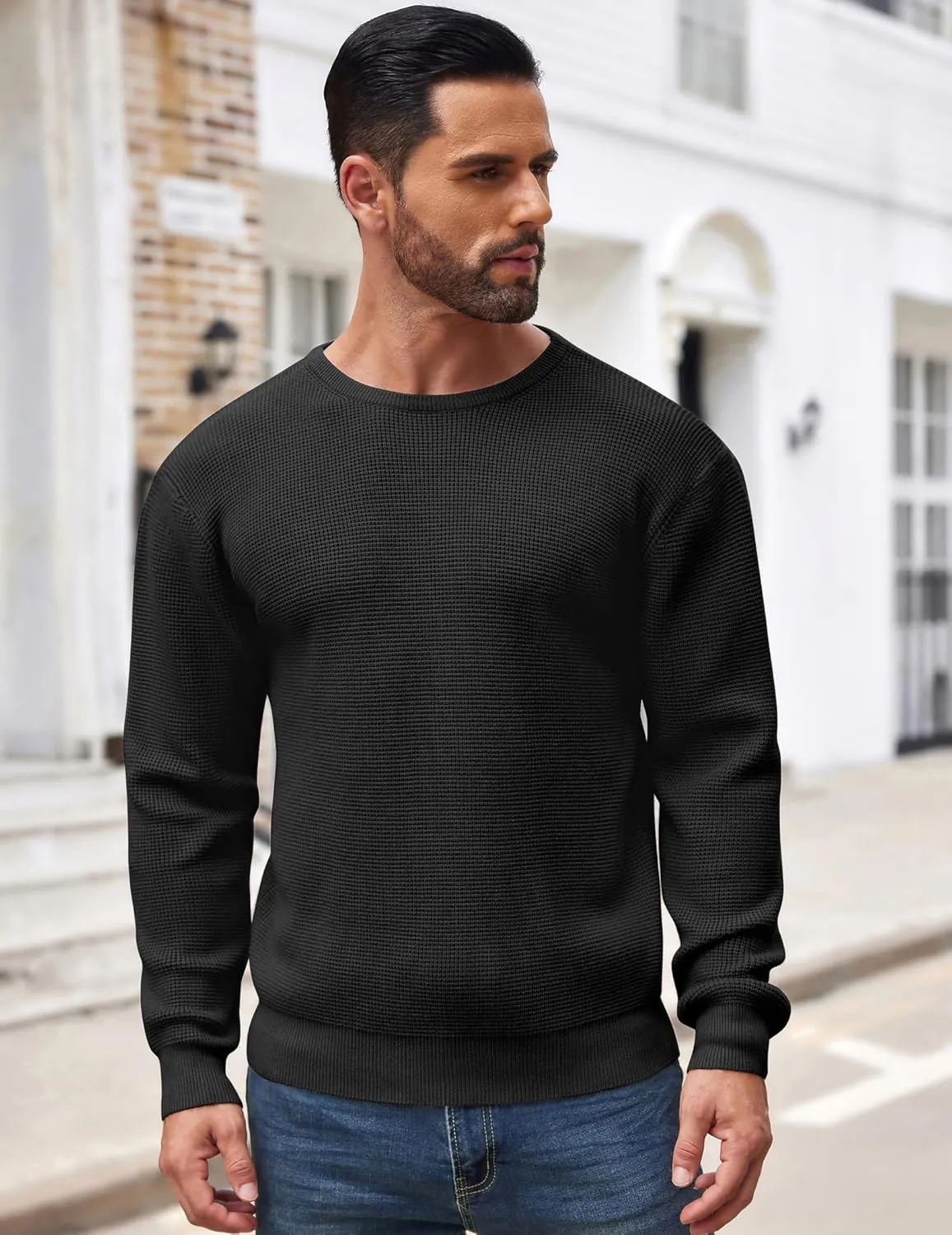 COOFANDY Men's Crewneck Sweater Waffle Textured Pullover Sweaters Soft Midweight Knitted Sweaters
