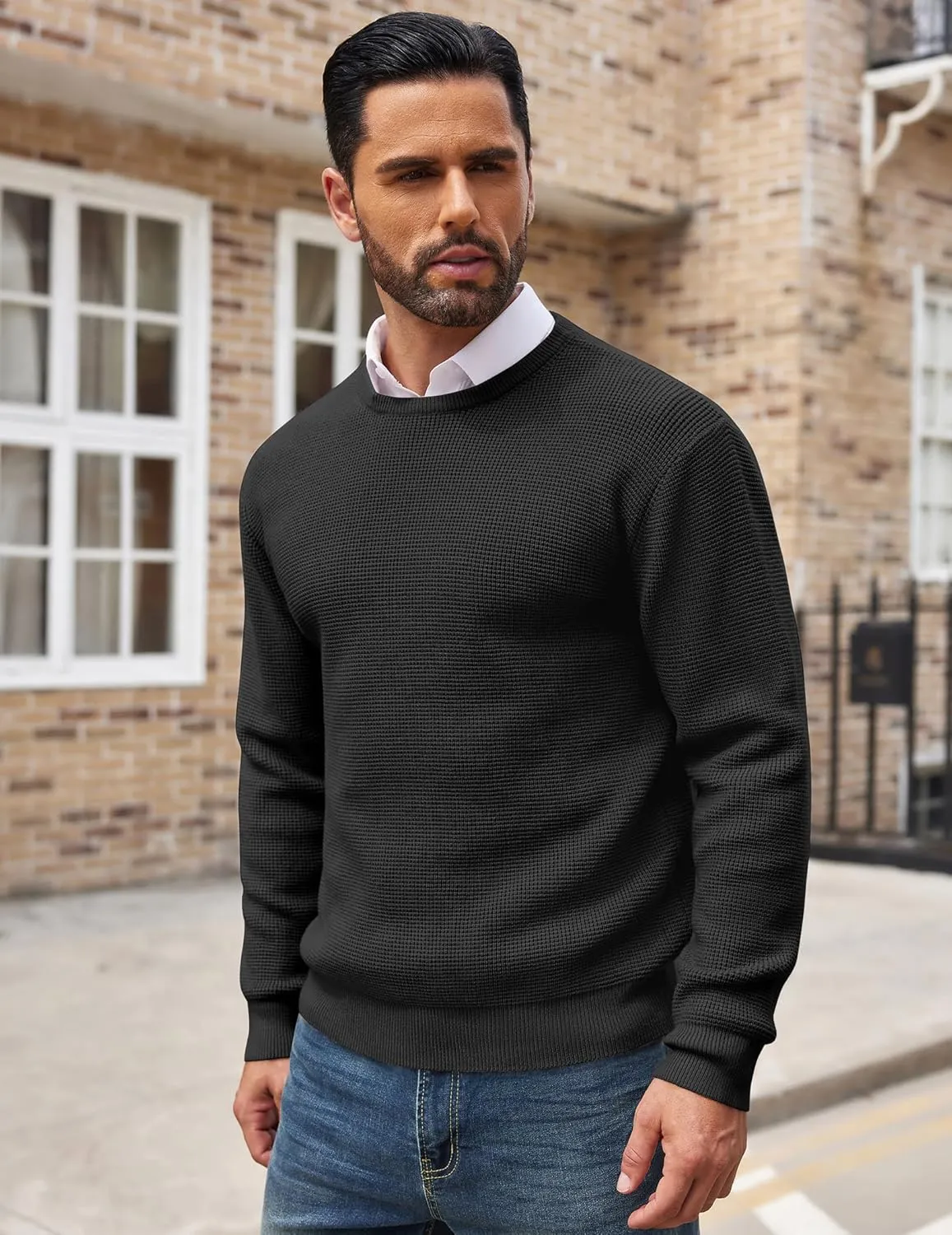 COOFANDY Men's Crewneck Sweater Waffle Textured Pullover Sweaters Soft Midweight Knitted Sweaters