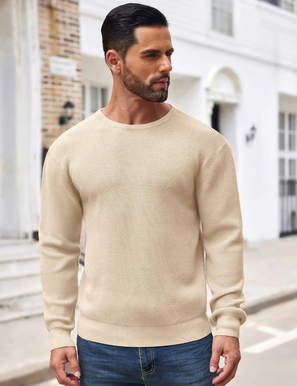 COOFANDY Men's Crewneck Sweater Waffle Textured Pullover Sweaters Soft Midweight Knitted Sweaters