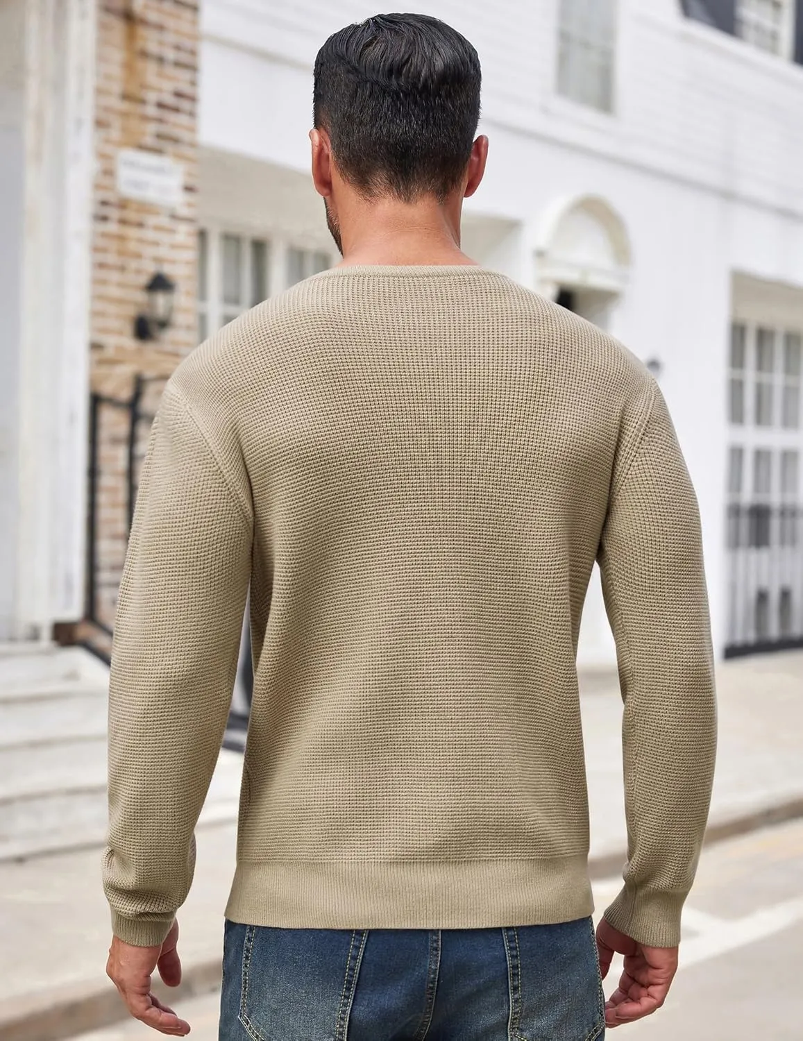COOFANDY Men's Crewneck Sweater Waffle Textured Pullover Sweaters Soft Midweight Knitted Sweaters