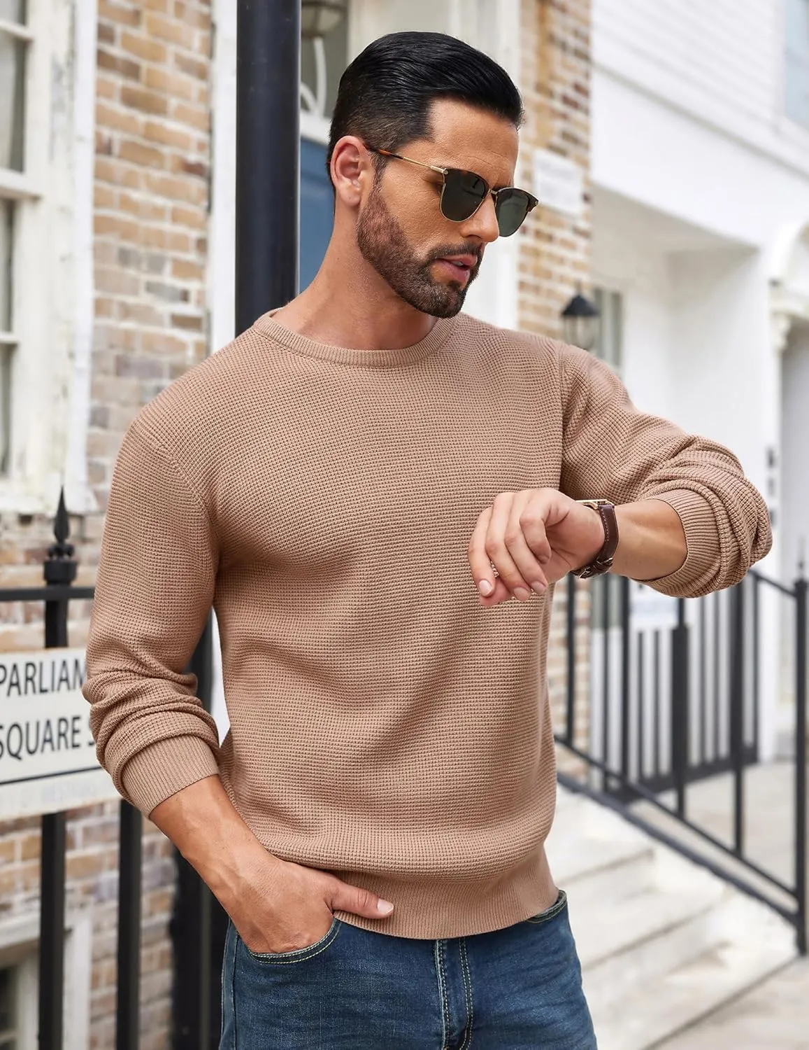 COOFANDY Men's Crewneck Sweater Waffle Textured Pullover Sweaters Soft Midweight Knitted Sweaters