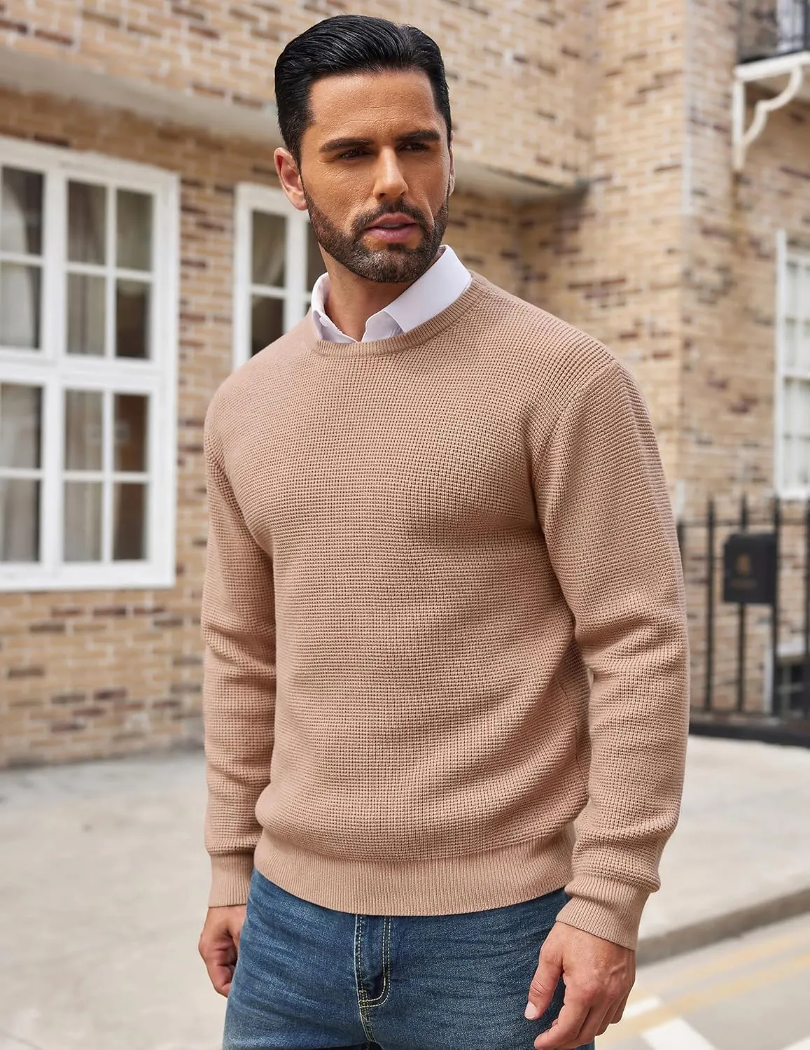 COOFANDY Men's Crewneck Sweater Waffle Textured Pullover Sweaters Soft Midweight Knitted Sweaters