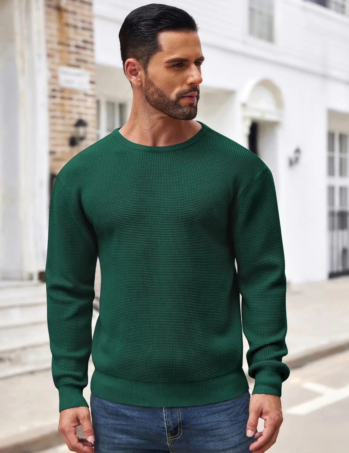 COOFANDY Men's Crewneck Sweater Waffle Textured Pullover Sweaters Soft Midweight Knitted Sweaters