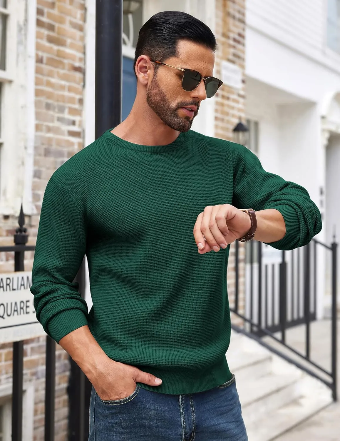 COOFANDY Men's Crewneck Sweater Waffle Textured Pullover Sweaters Soft Midweight Knitted Sweaters