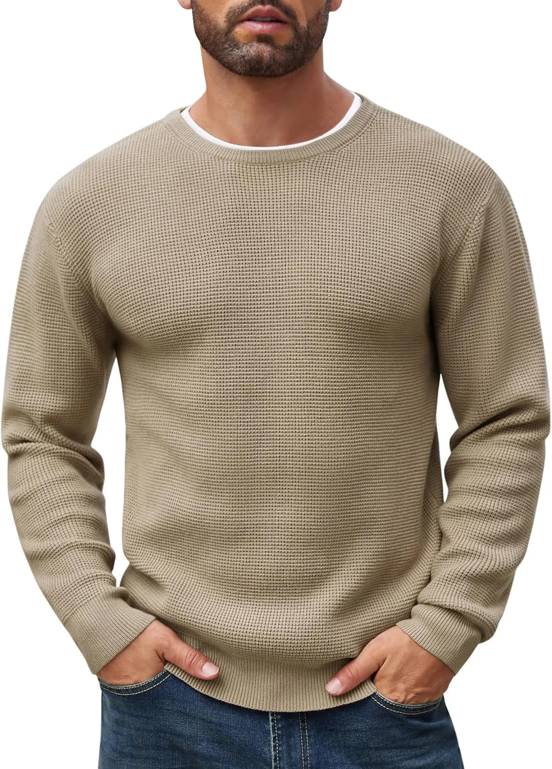COOFANDY Men's Crewneck Sweater Waffle Textured Pullover Sweaters Soft Midweight Knitted Sweaters