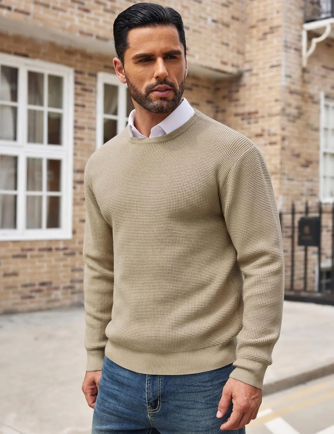 COOFANDY Men's Crewneck Sweater Waffle Textured Pullover Sweaters Soft Midweight Knitted Sweaters