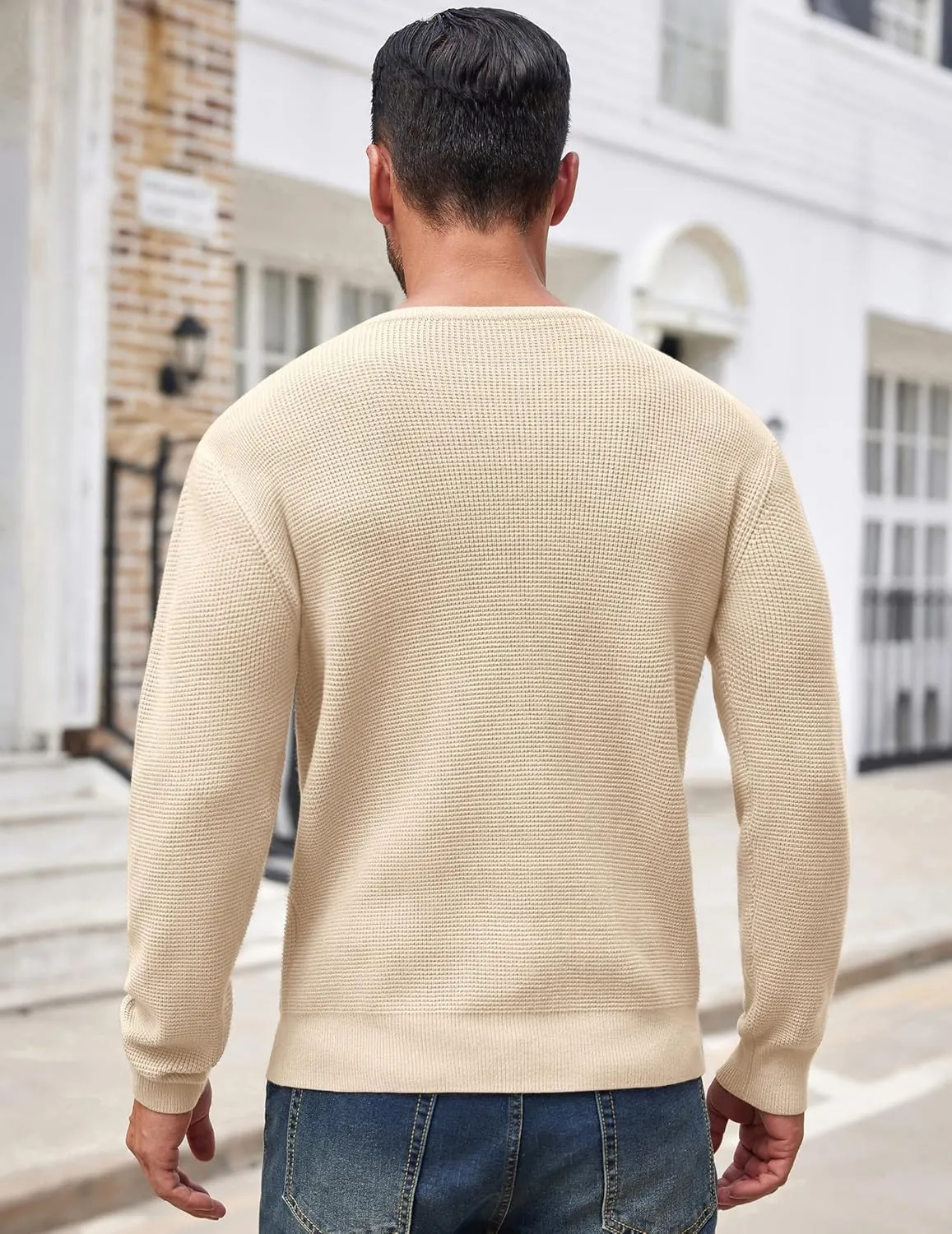 COOFANDY Men's Crewneck Sweater Waffle Textured Pullover Sweaters Soft Midweight Knitted Sweaters