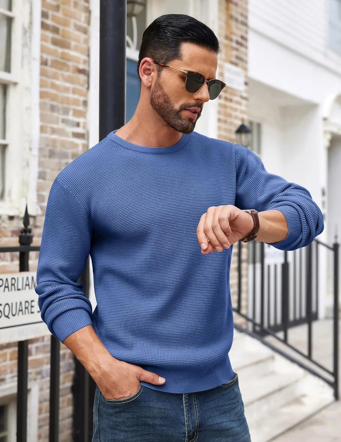 COOFANDY Men's Crewneck Sweater Waffle Textured Pullover Sweaters Soft Midweight Knitted Sweaters