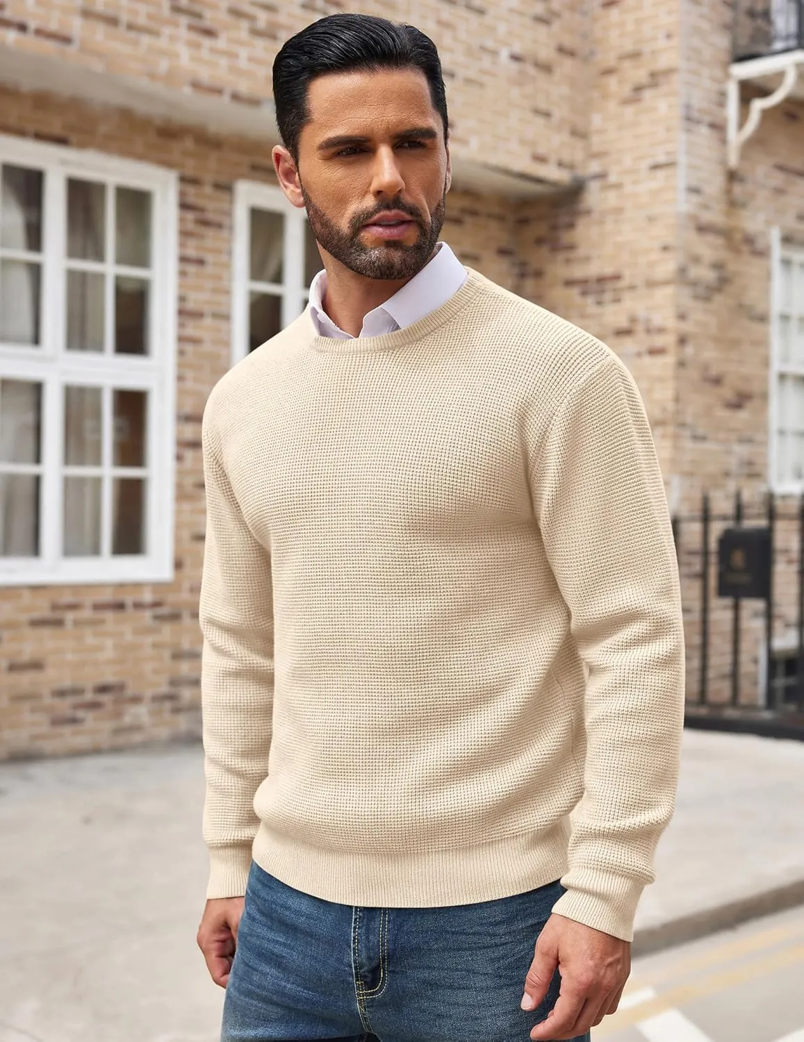 COOFANDY Men's Crewneck Sweater Waffle Textured Pullover Sweaters Soft Midweight Knitted Sweaters