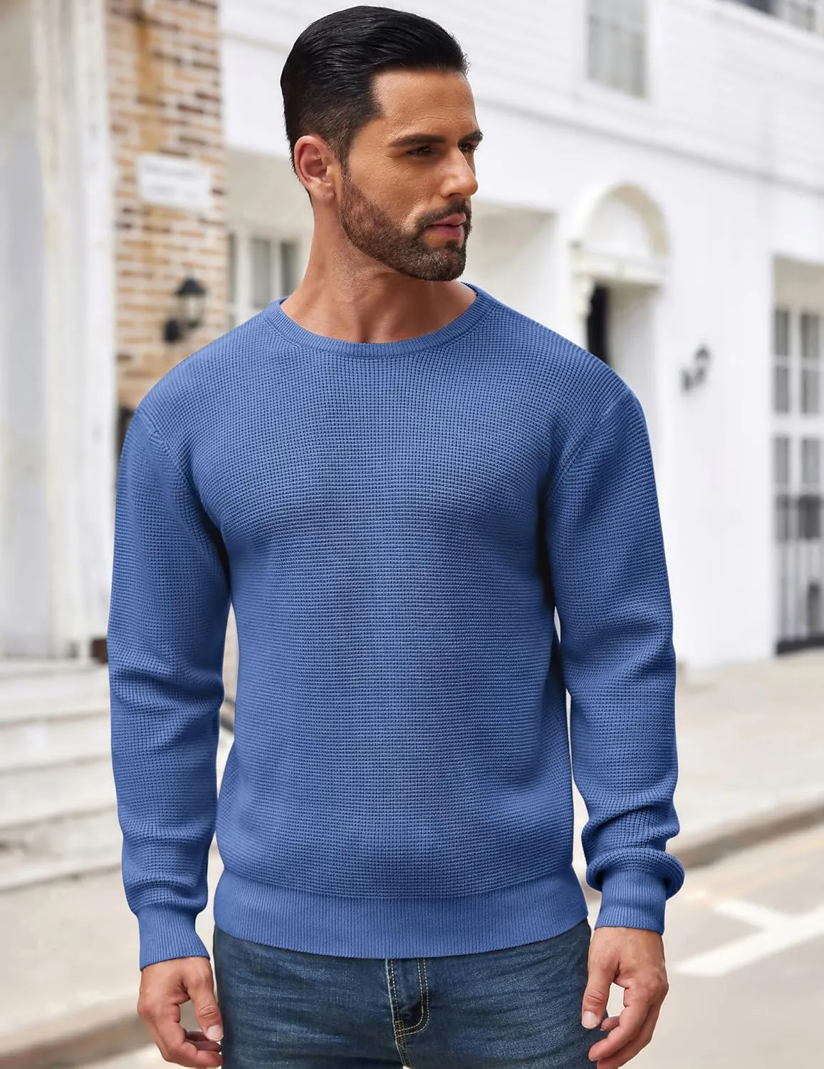 COOFANDY Men's Crewneck Sweater Waffle Textured Pullover Sweaters Soft Midweight Knitted Sweaters