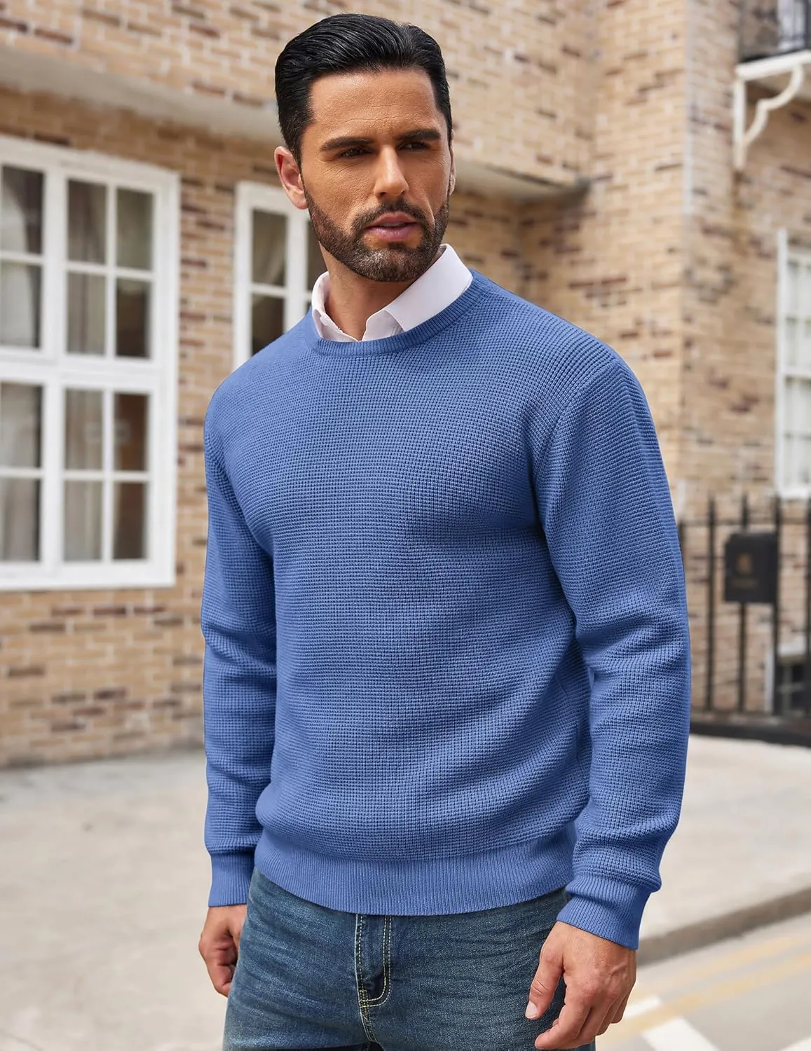 COOFANDY Men's Crewneck Sweater Waffle Textured Pullover Sweaters Soft Midweight Knitted Sweaters