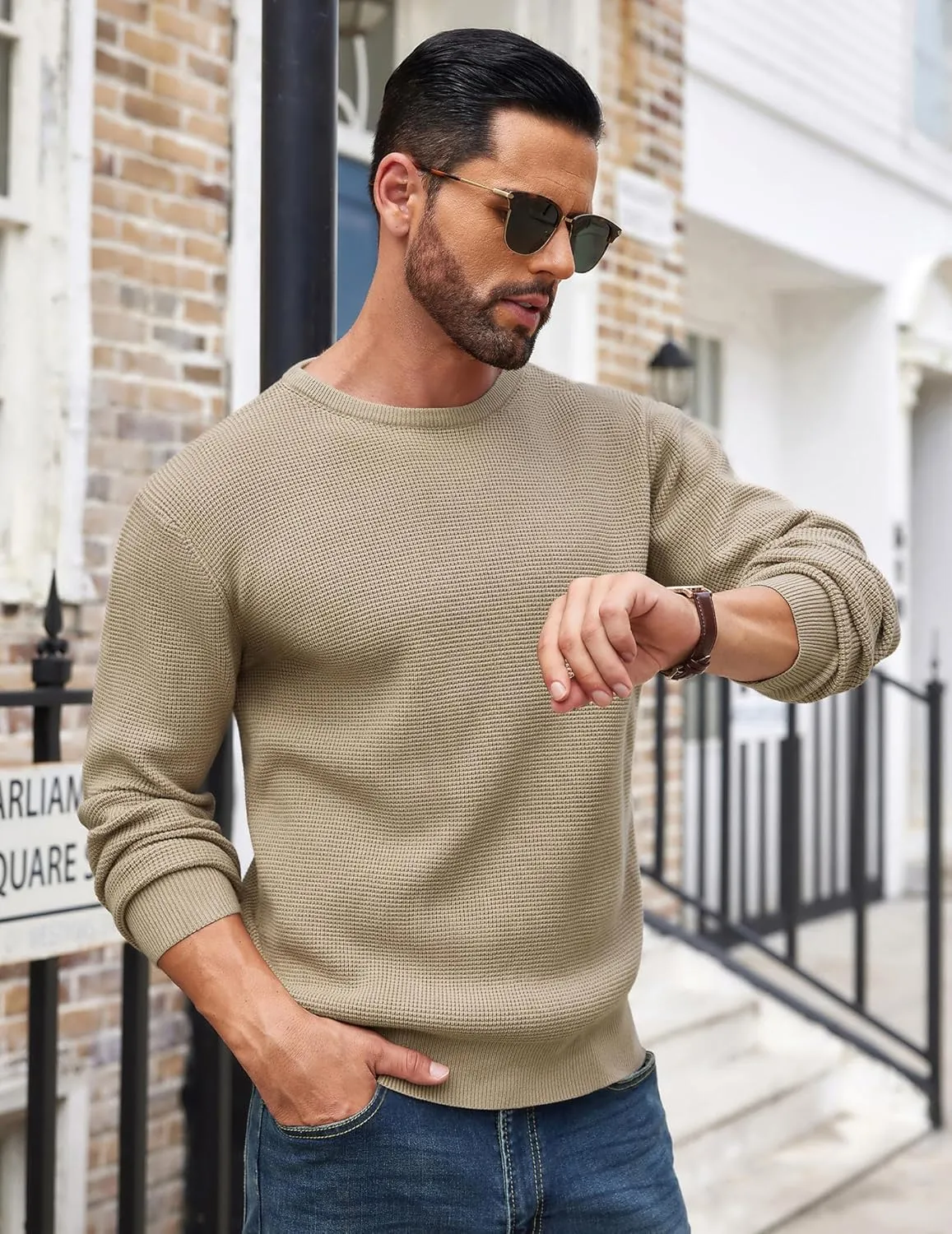 COOFANDY Men's Crewneck Sweater Waffle Textured Pullover Sweaters Soft Midweight Knitted Sweaters