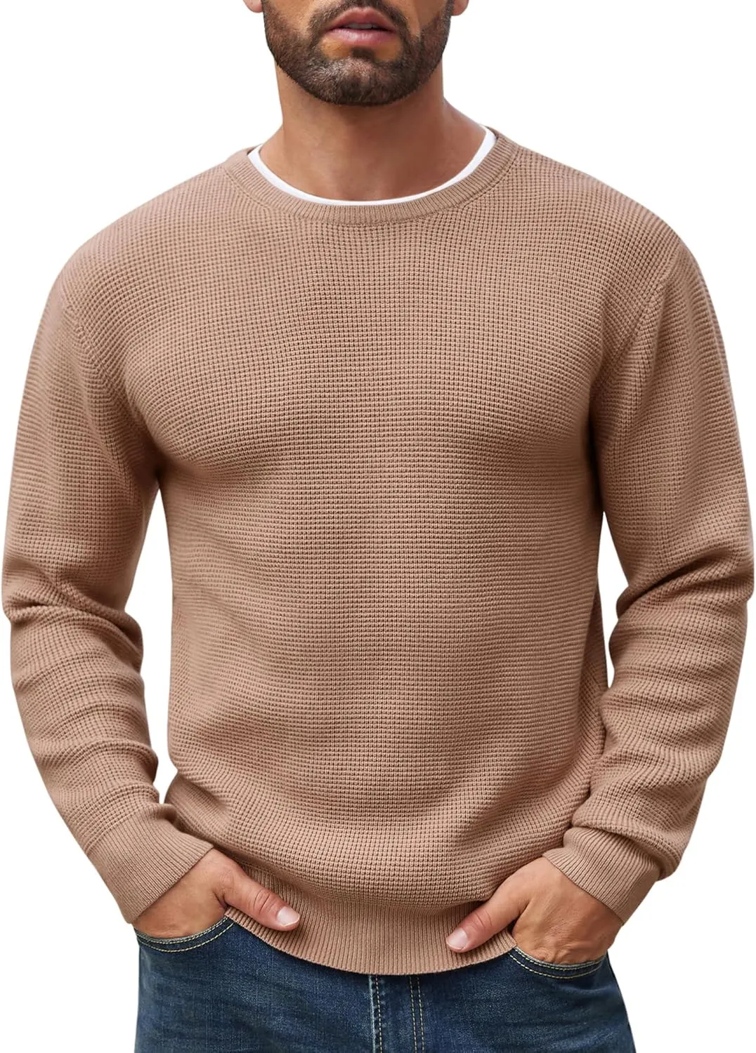 COOFANDY Men's Crewneck Sweater Waffle Textured Pullover Sweaters Soft Midweight Knitted Sweaters
