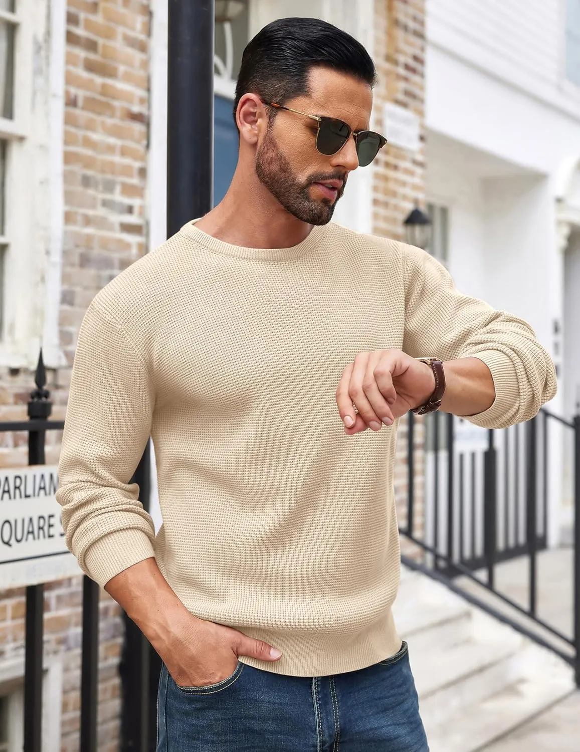 COOFANDY Men's Crewneck Sweater Waffle Textured Pullover Sweaters Soft Midweight Knitted Sweaters