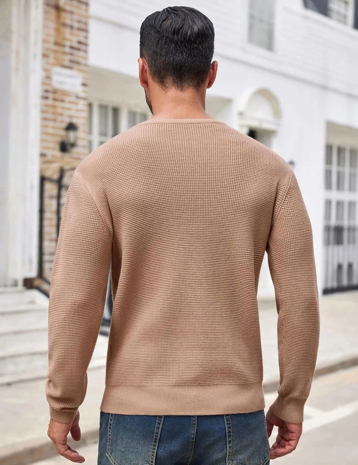 COOFANDY Men's Crewneck Sweater Waffle Textured Pullover Sweaters Soft Midweight Knitted Sweaters