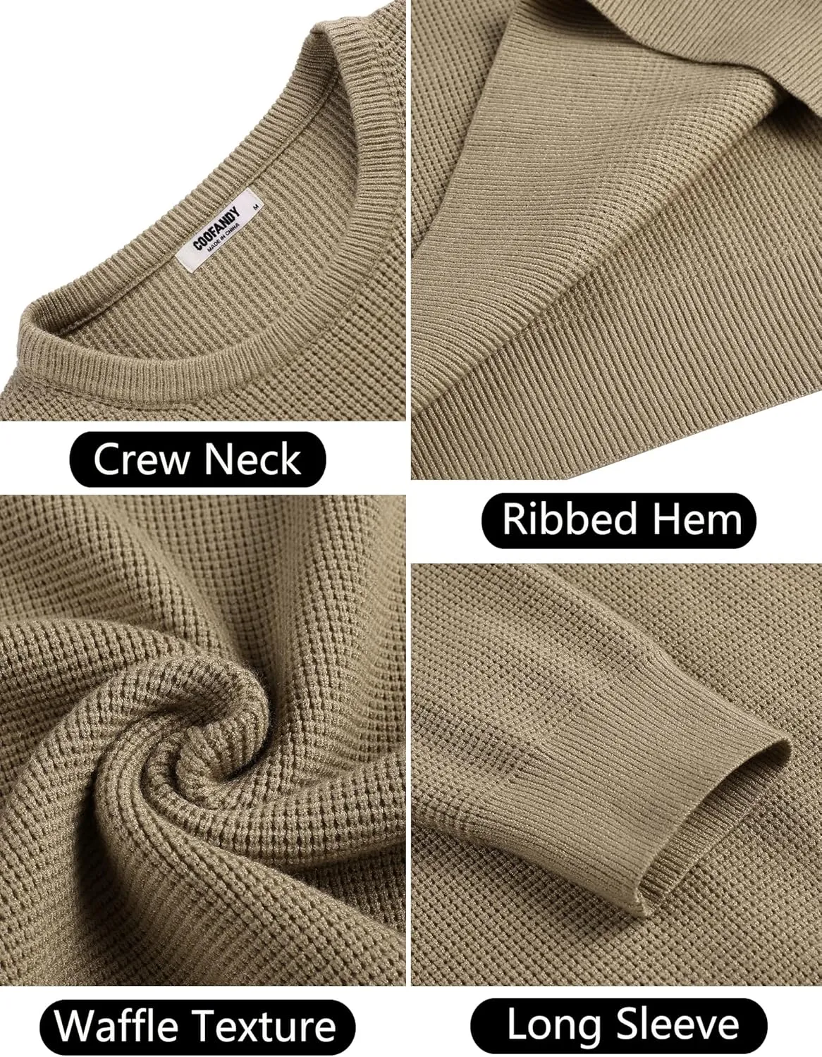 COOFANDY Men's Crewneck Sweater Waffle Textured Pullover Sweaters Soft Midweight Knitted Sweaters