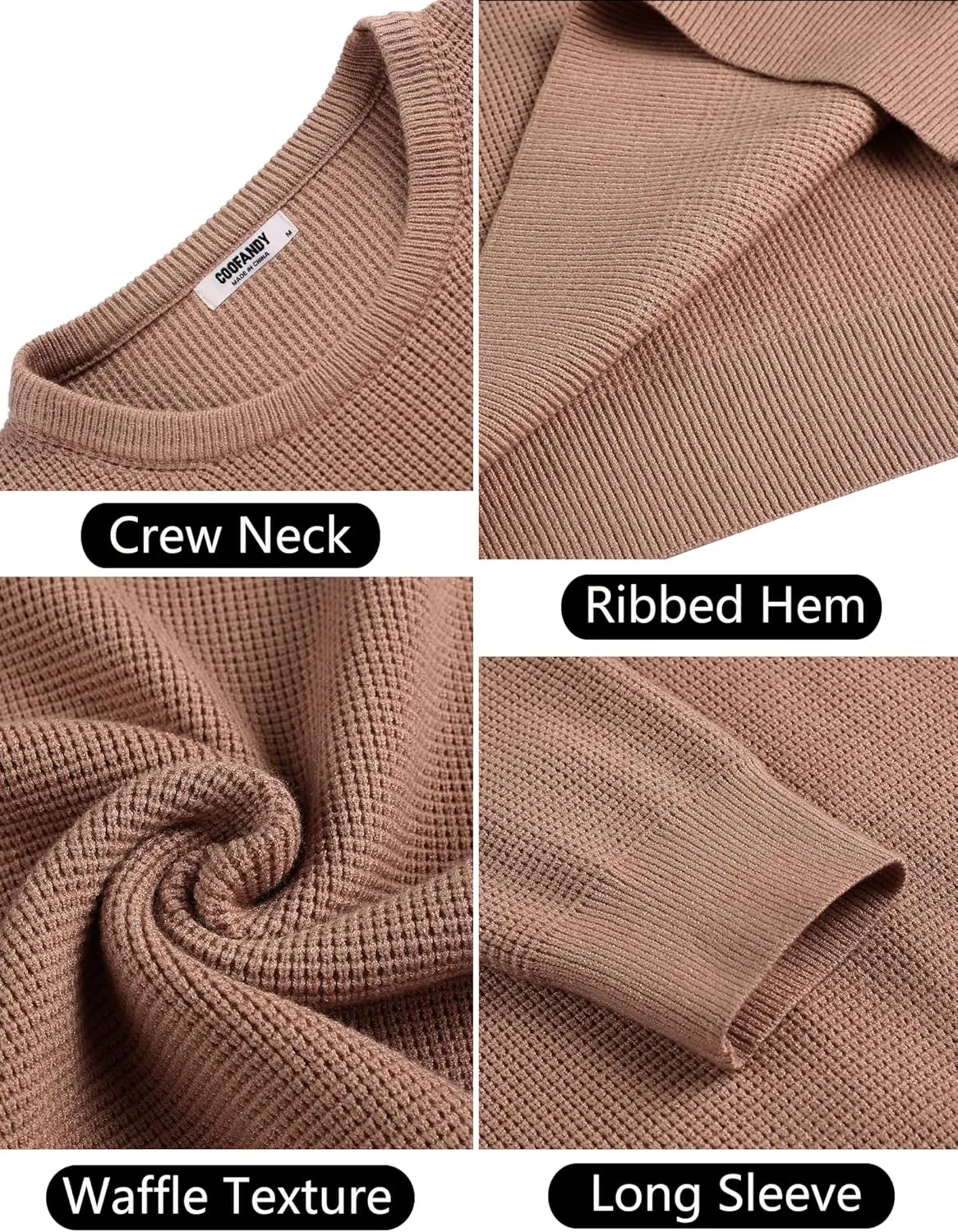 COOFANDY Men's Crewneck Sweater Waffle Textured Pullover Sweaters Soft Midweight Knitted Sweaters