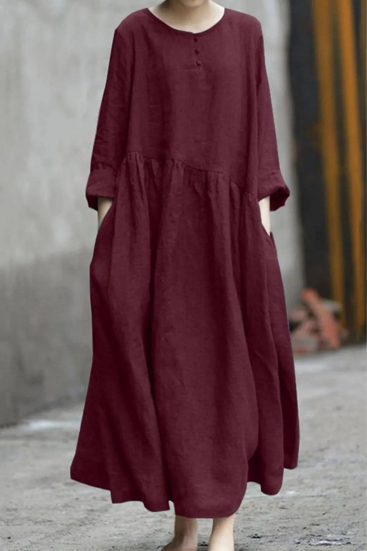 Cotton and Linen Stitching Round Neck Long Sleeve Dress