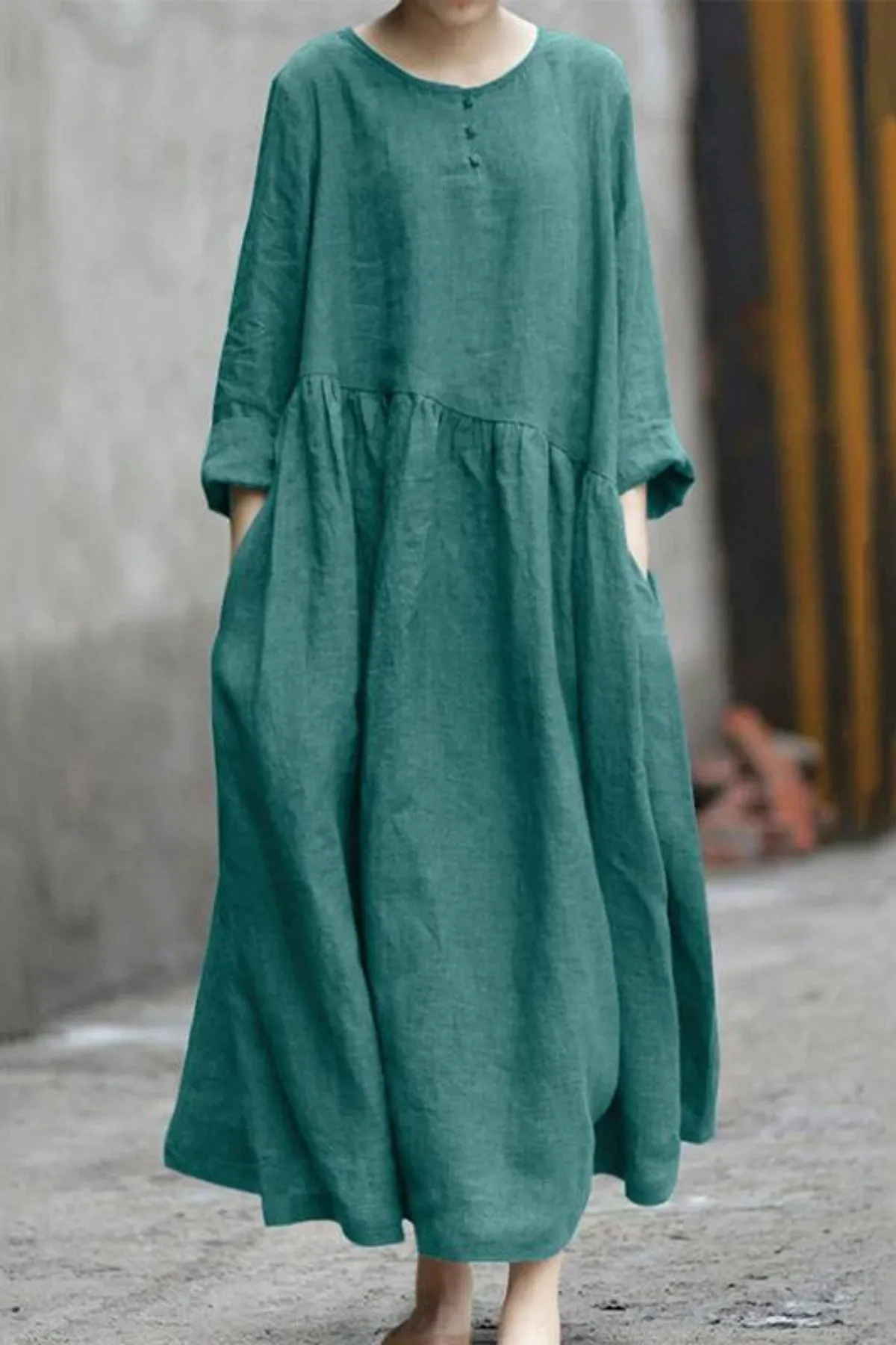 Cotton and Linen Stitching Round Neck Long Sleeve Dress