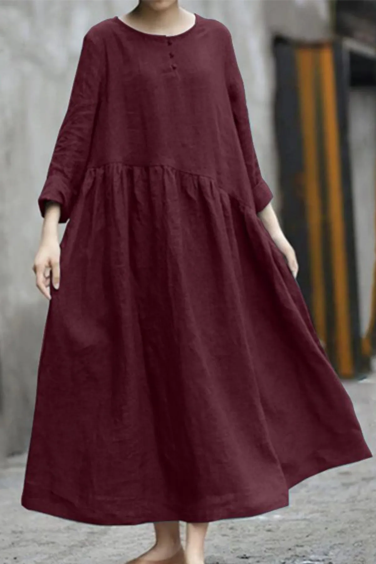Cotton and Linen Stitching Round Neck Long Sleeve Dress