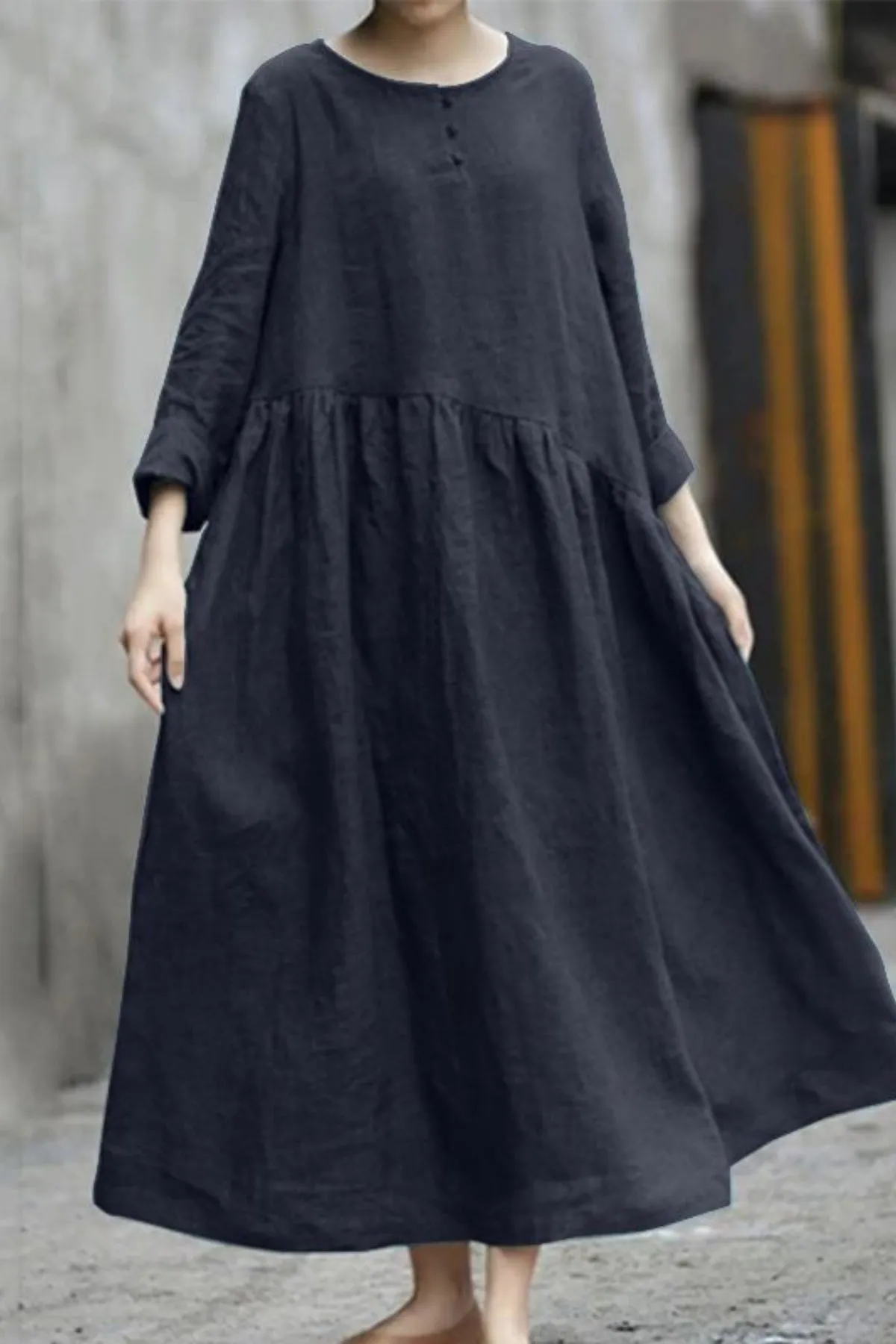 Cotton and Linen Stitching Round Neck Long Sleeve Dress