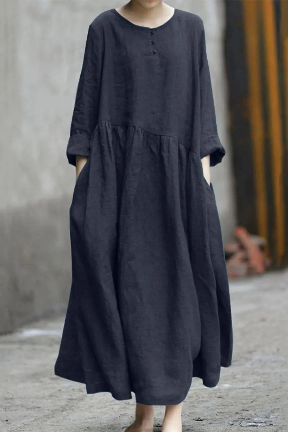 Cotton and Linen Stitching Round Neck Long Sleeve Dress