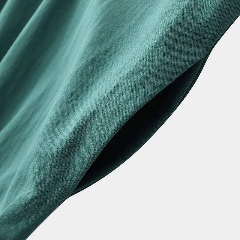 Cotton and Linen Stitching Round Neck Long Sleeve Dress