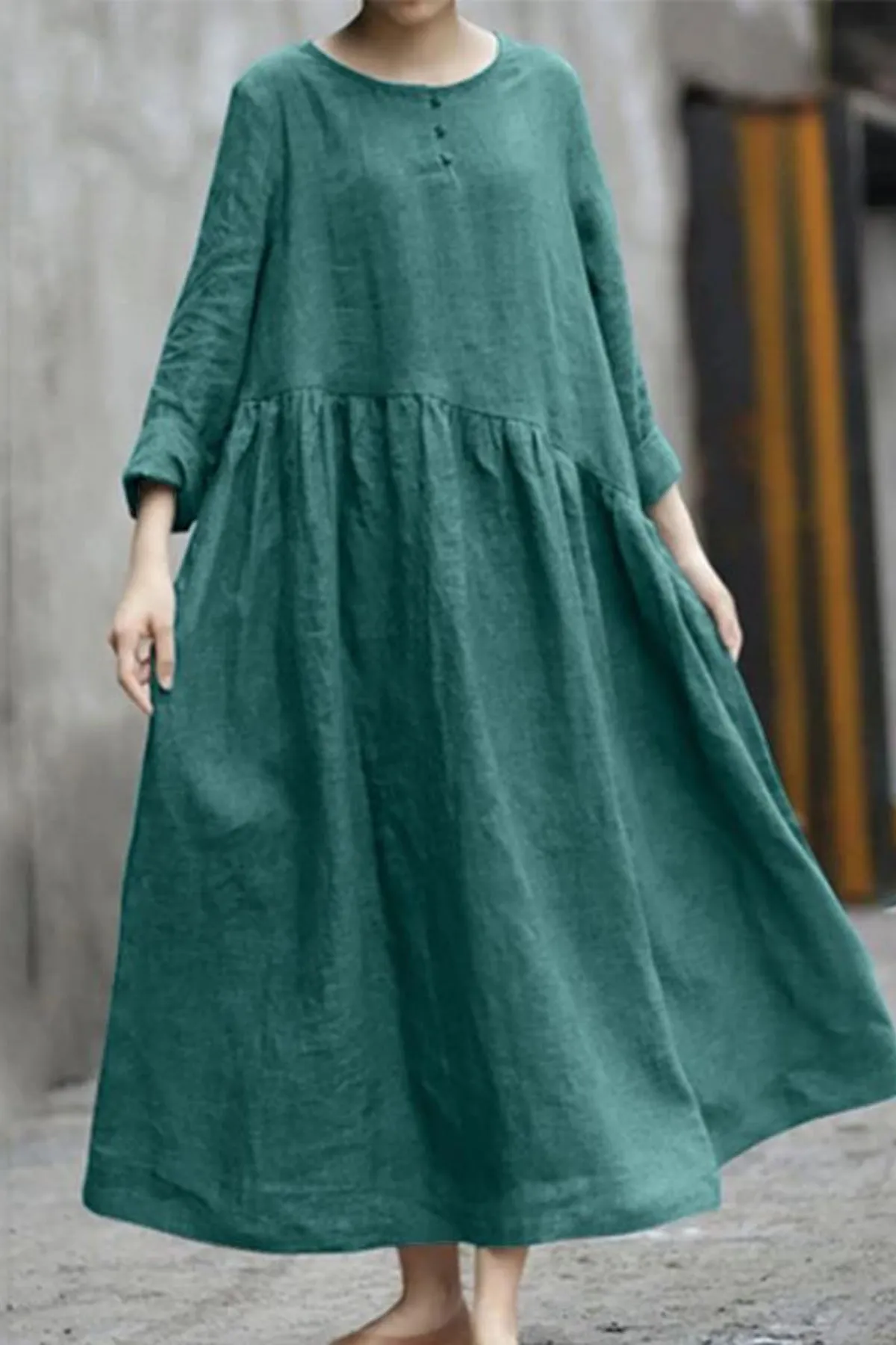 Cotton and Linen Stitching Round Neck Long Sleeve Dress