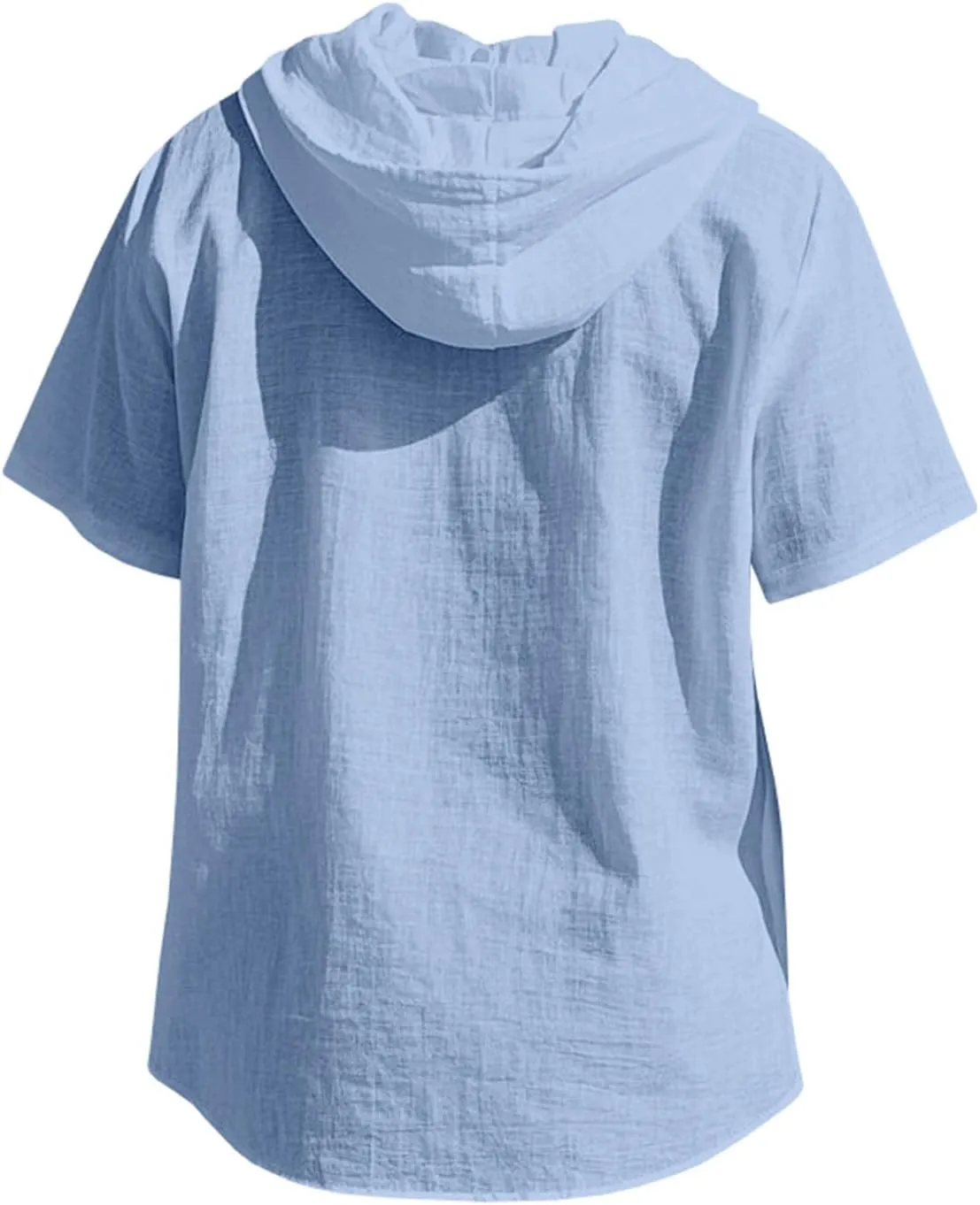 Cotton Linen Shirts for Men Casual Button Hooded Top Summer Drawstring Hoodie Beach Short Sleeve Shirt with Pocket