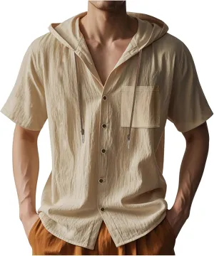 Cotton Linen Shirts for Men Casual Button Hooded Top Summer Drawstring Hoodie Beach Short Sleeve Shirt with Pocket