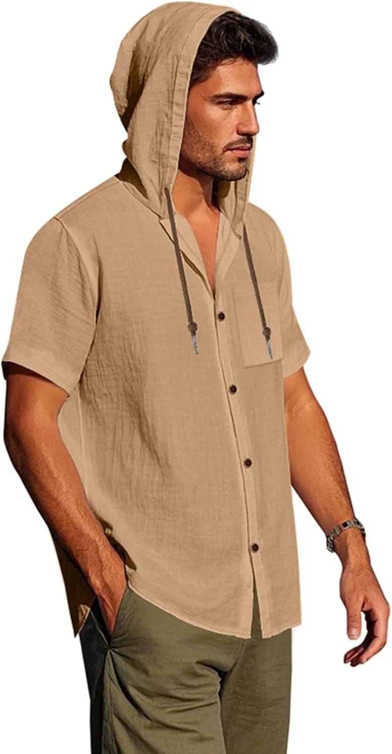 Cotton Linen Shirts for Men Casual Button Hooded Top Summer Drawstring Hoodie Beach Short Sleeve Shirt with Pocket