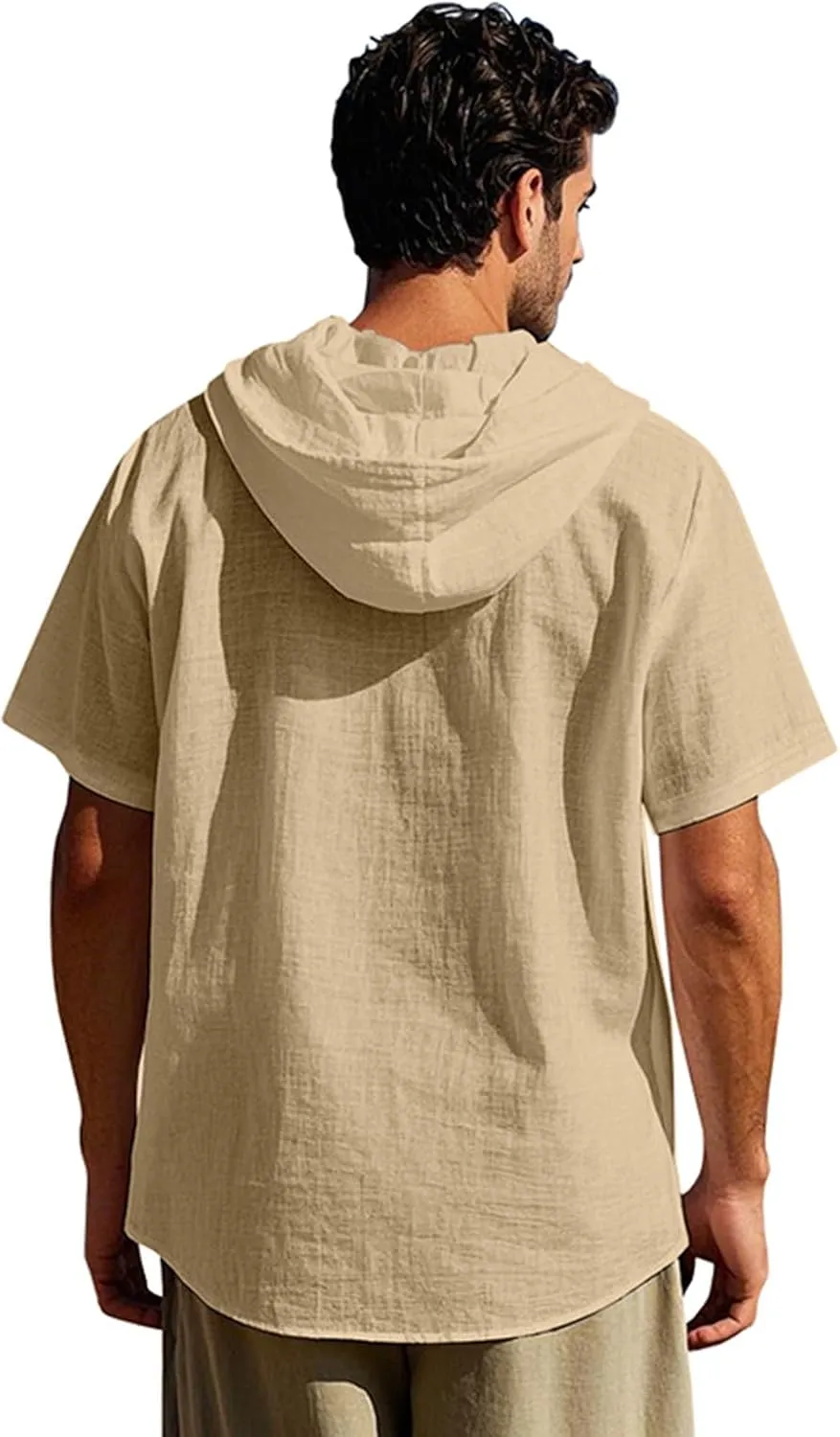 Cotton Linen Shirts for Men Casual Button Hooded Top Summer Drawstring Hoodie Beach Short Sleeve Shirt with Pocket