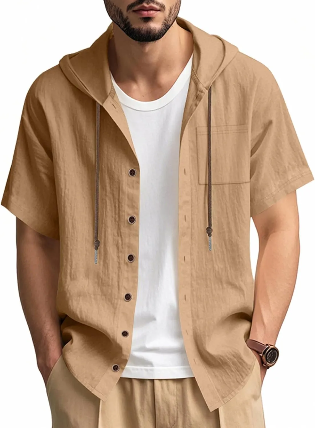 Cotton Linen Shirts for Men Casual Button Hooded Top Summer Drawstring Hoodie Beach Short Sleeve Shirt with Pocket