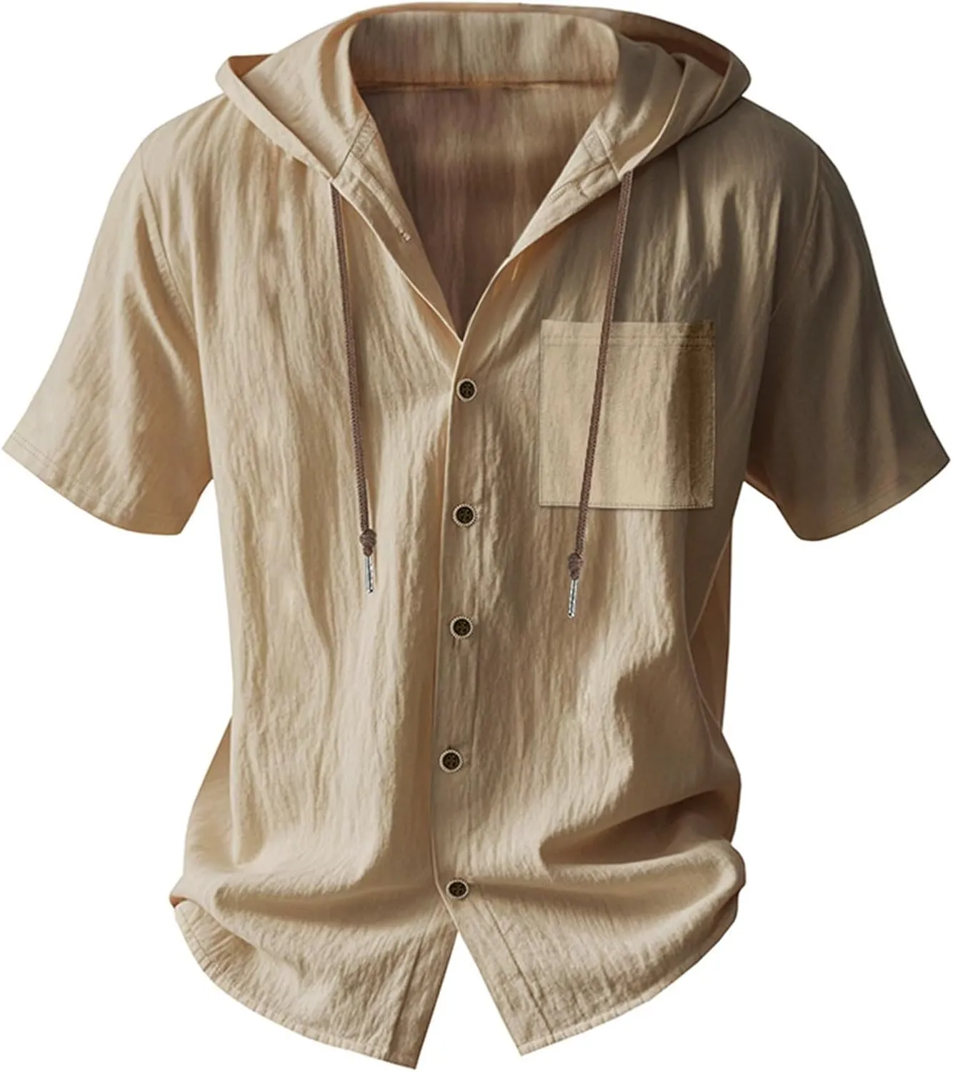 Cotton Linen Shirts for Men Casual Button Hooded Top Summer Drawstring Hoodie Beach Short Sleeve Shirt with Pocket