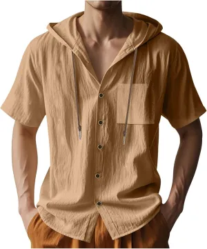 Cotton Linen Shirts for Men Casual Button Hooded Top Summer Drawstring Hoodie Beach Short Sleeve Shirt with Pocket
