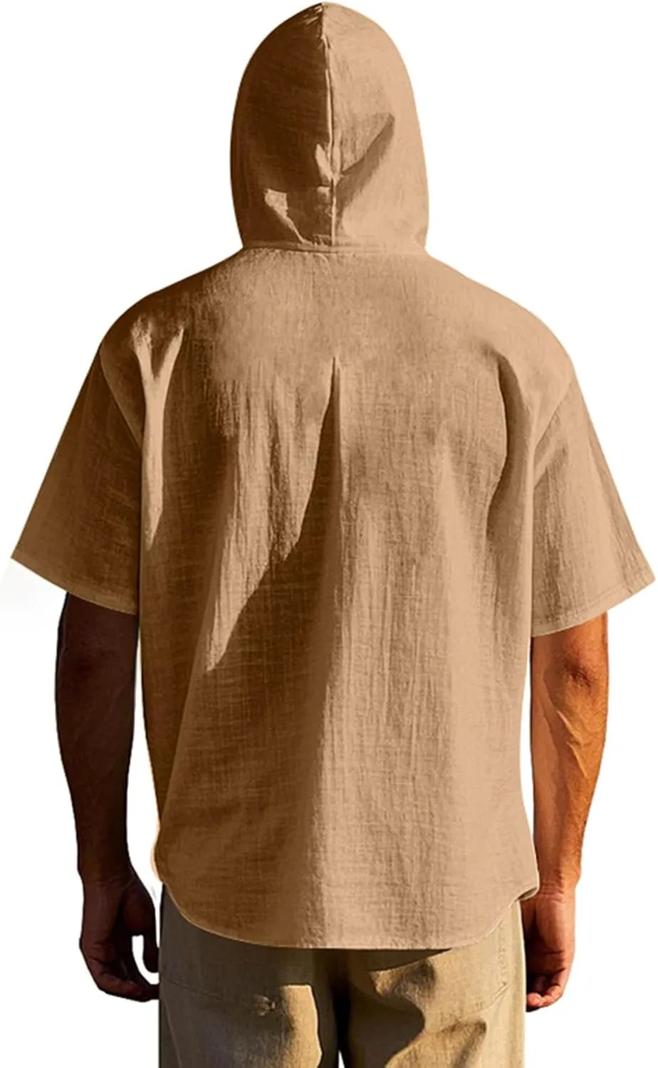 Cotton Linen Shirts for Men Casual Button Hooded Top Summer Drawstring Hoodie Beach Short Sleeve Shirt with Pocket